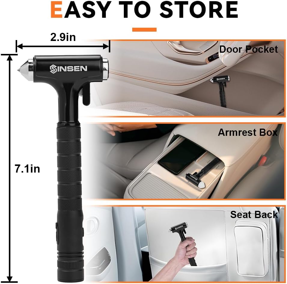 SINSEN Car Safety Hammer Flashlight, Tactical Emergency Rescue Tool, LED High Lumens Rechargeable Solar Powered Escape Kit, Window Glass Breaker and Seatbelt Cutter, Self Defense Multi-Function Torch