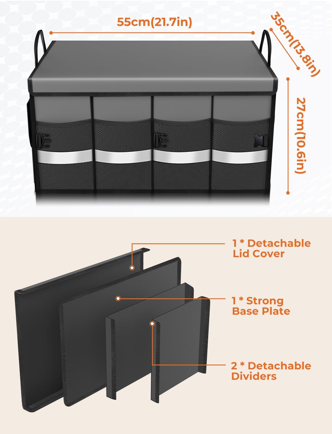 Oasser Car Trunk Organizer, 3 Compartments Collapsible Waterproof Car Organizer Storage with Foldable Cover, Reflective Strip, Non-Slip Bottom, 4 Mesh Pockets for SUV/Truck/Sedan/Camping/Road Trip
