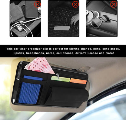 Car Sun Visor Organizer, Soft Leather Vehicle Sunshade Glasses Storage Bag with Net Zipper, Automotive Multi-Pocket Organizer for Drive License Card Glasses Document (Black)