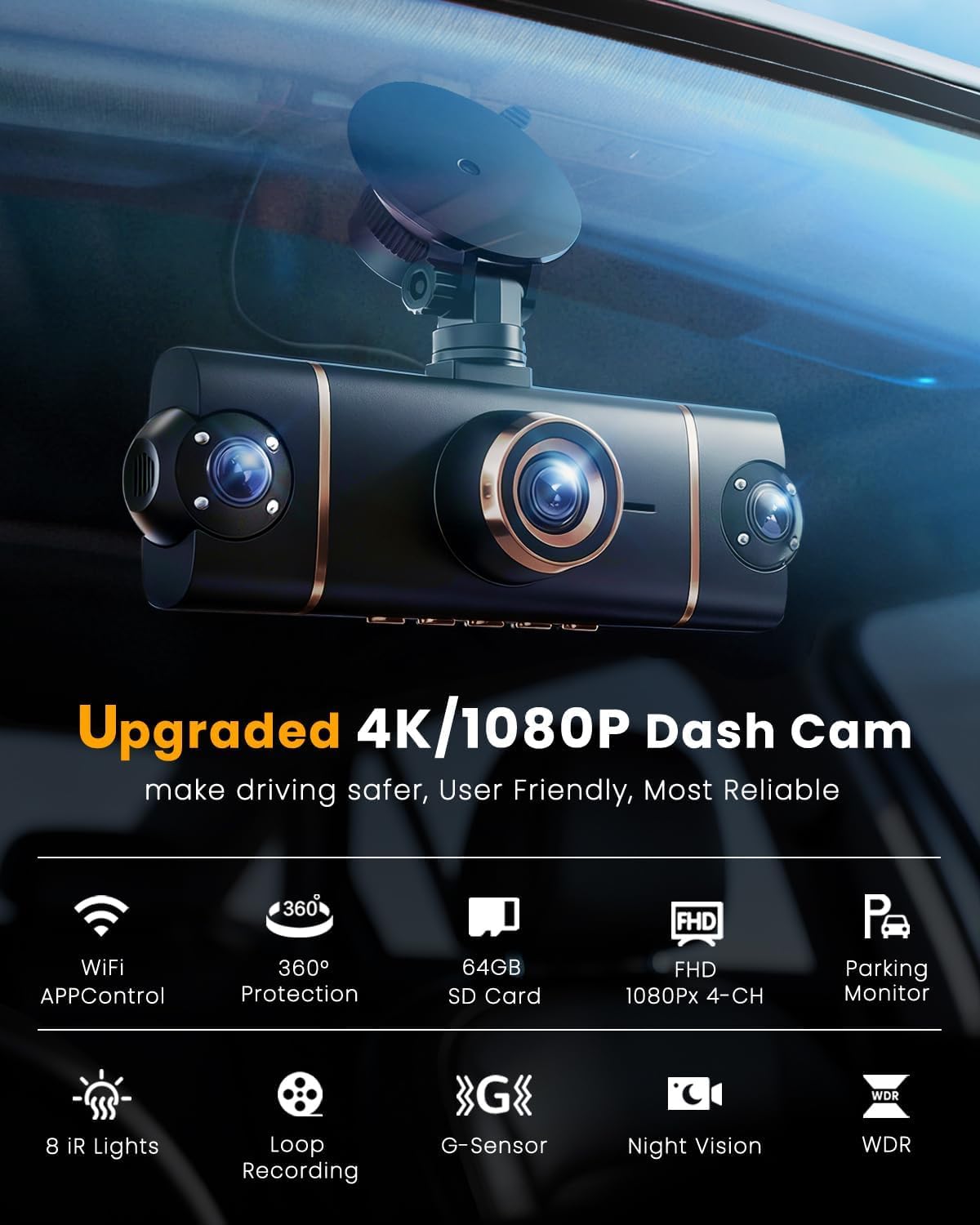 4K+1080P*3 FHD Car Camera, 4 Channel 360° Dash Cam Front Rear Inside & Left Right, 5GHz WiFi & App Control, 24H Parking Mode, G-Sensor, 8 IR Lamps Night Vision, Loop Recording, Includes 64GB SD Card