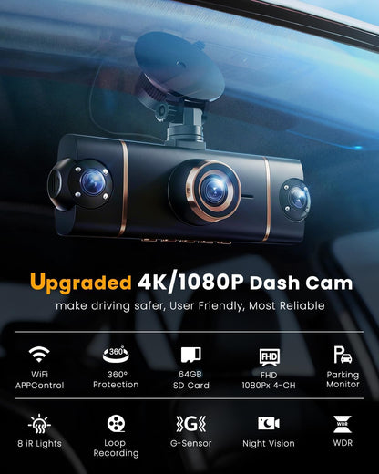 4K+1080P*3 FHD Car Camera, 4 Channel 360° Dash Cam Front Rear Inside & Left Right, 5GHz WiFi & App Control, 24H Parking Mode, G-Sensor, 8 IR Lamps Night Vision, Loop Recording, Includes 64GB SD Card