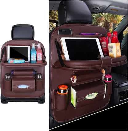 Car Seat Back Organizer, Leather Vehicle Seatback Storage Pocket with Foldable Table Tray, Multifunctional Automotive Backseat Protectors Kick Mats Accessories, Universal Fit (Brown)