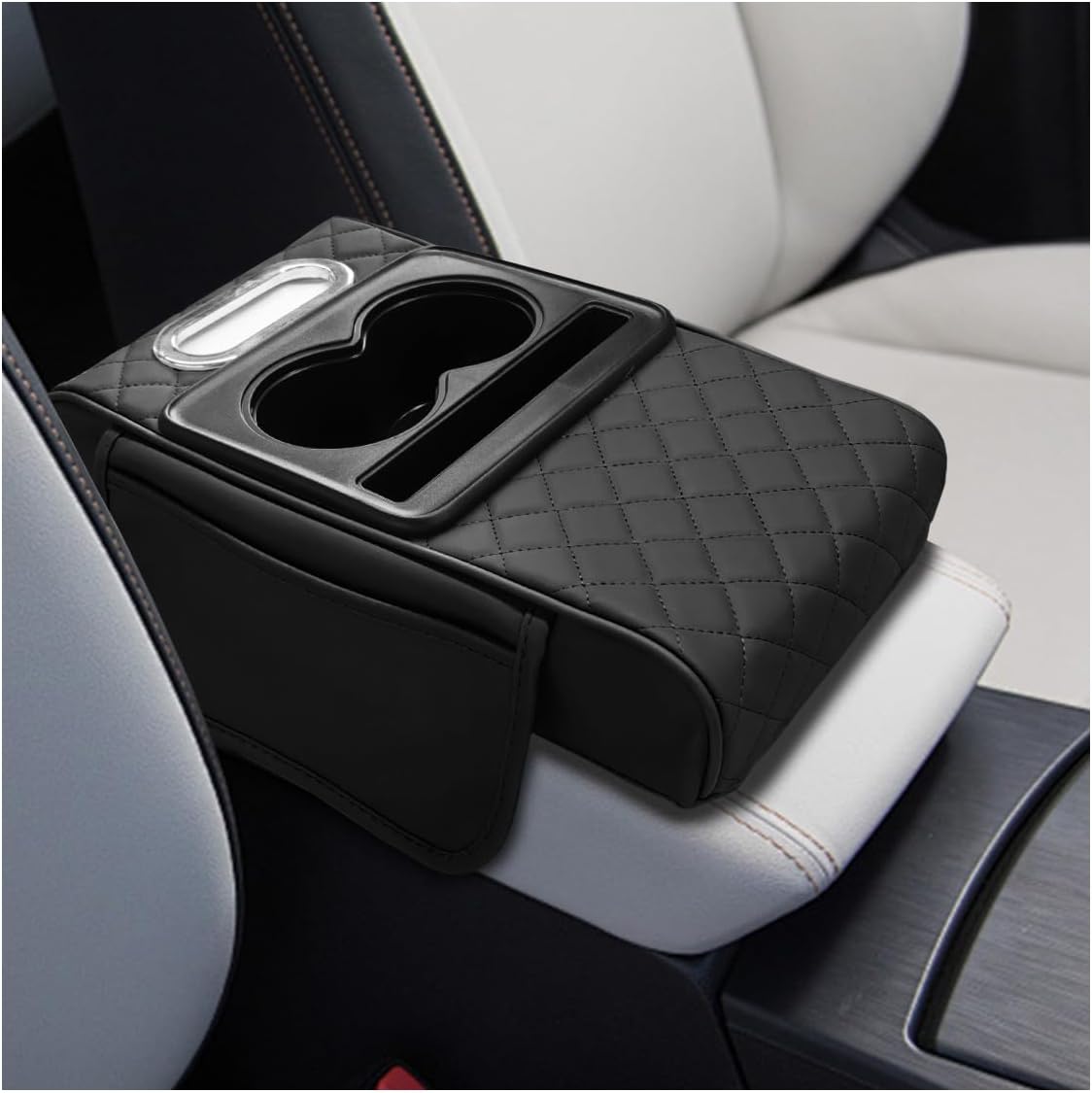 Leather Car Center Console Cover, Universal Automotive Armrest Booster Cushion, Vehicle Middle Console Organizer with 2 Cup Holders, Side Storage Bag, Tissue Box & Phone Slot(Black)