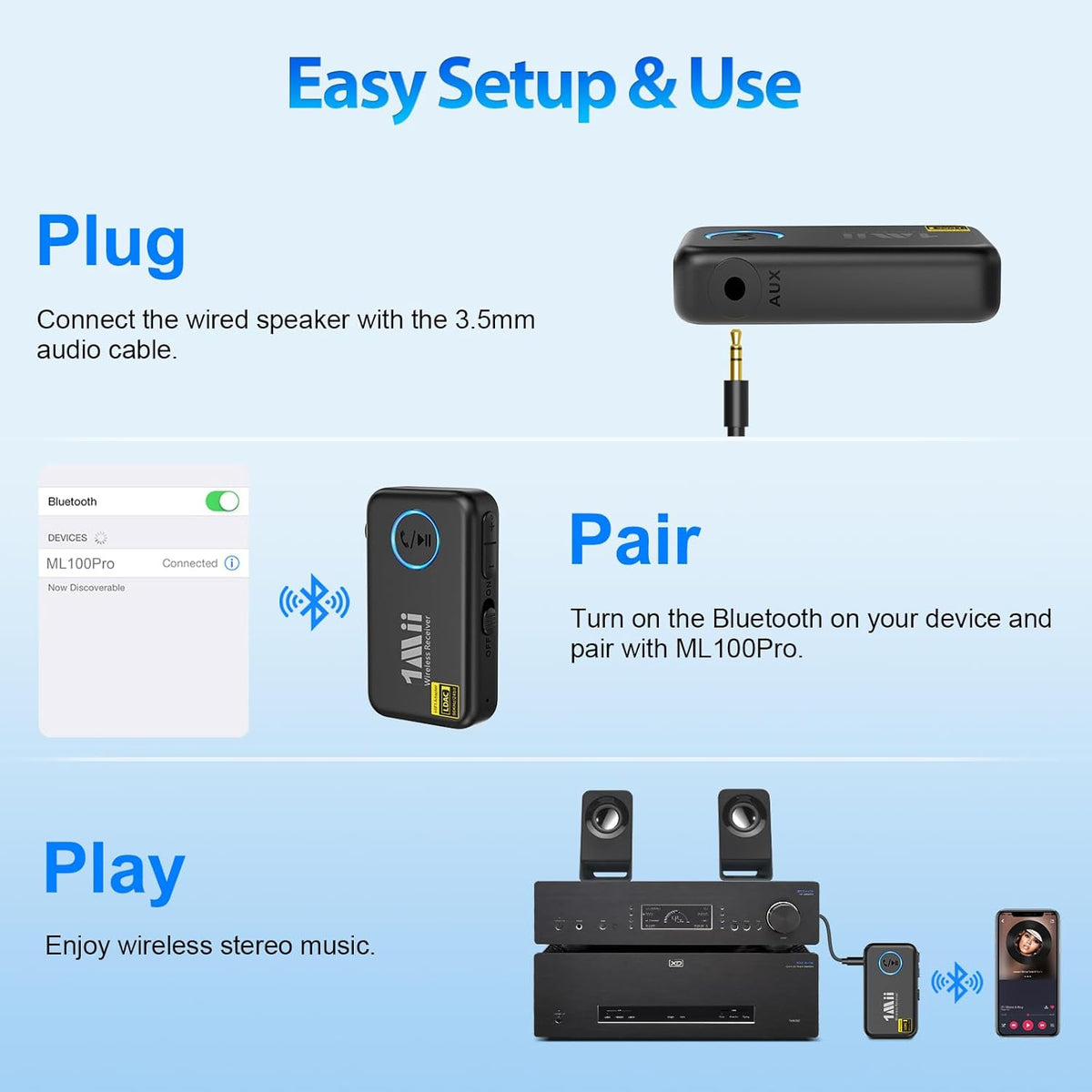 1Mii Bluetooth 5.3 Music Receiver for Car/Home Stereo, Aux Bluetooth Adapter for Car with Volume Control Supports Hands Free Calls, 16H Battery Life