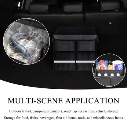 Trunk Organizer With Lid, Collapsible Waterproof Oxford Car Organizer with Aluminum Handle Base Plate, 2-Compartment 28L Sturdy Trunk Cargo Storage Organizer for RV SUV Truck (Black)