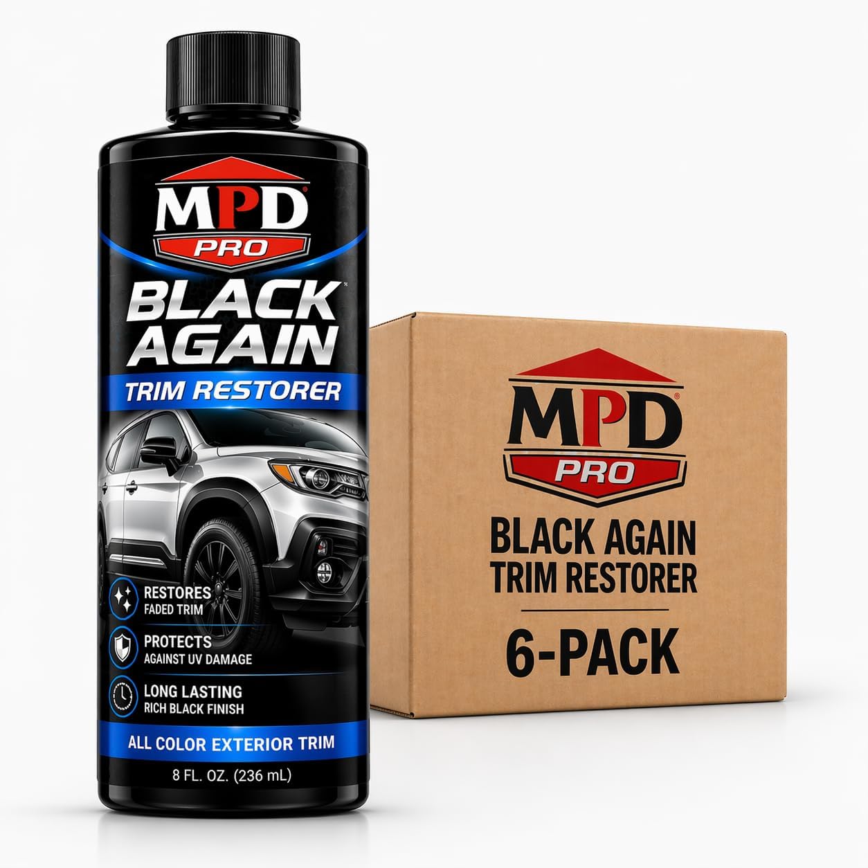 MPD Pro Black Again Trim Restorer for Cars – Restores Faded Plastic, Vinyl & Rubber Exterior Trim, Deep Black Finish for Bumpers, Mirrors & Moldings, UV Protection, Non-Greasy Formula, 8oz (Pack of 1)