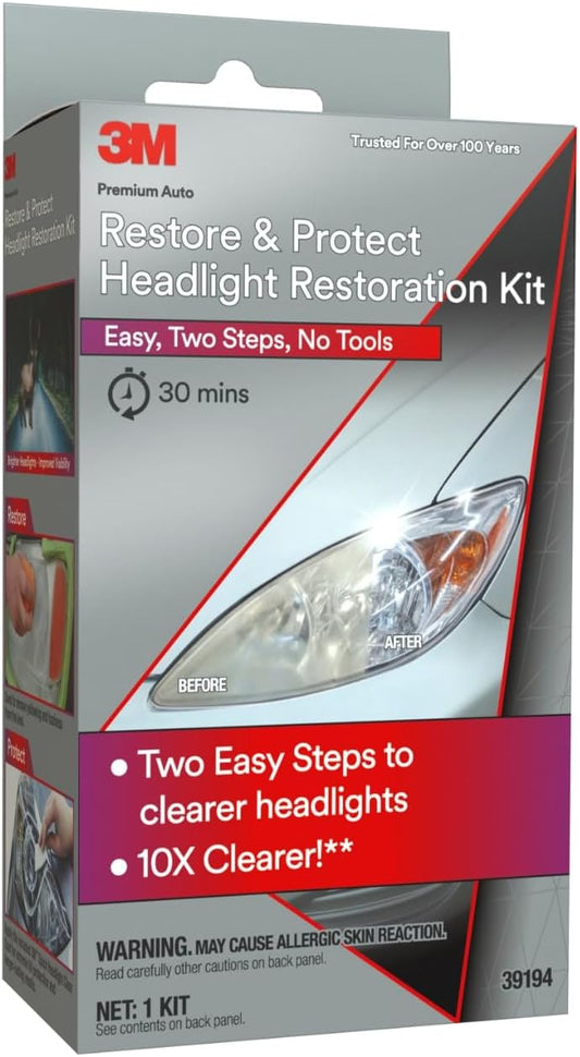 3M Auto Restore and Protect Headlight Restoration Kit, Use On Plastic Lenses, Headlights, Taillight, Fog Lights and More, Includes Sanding Discs, Headlight Clear Coat Wipes, Foam Pad and Glove (39194)