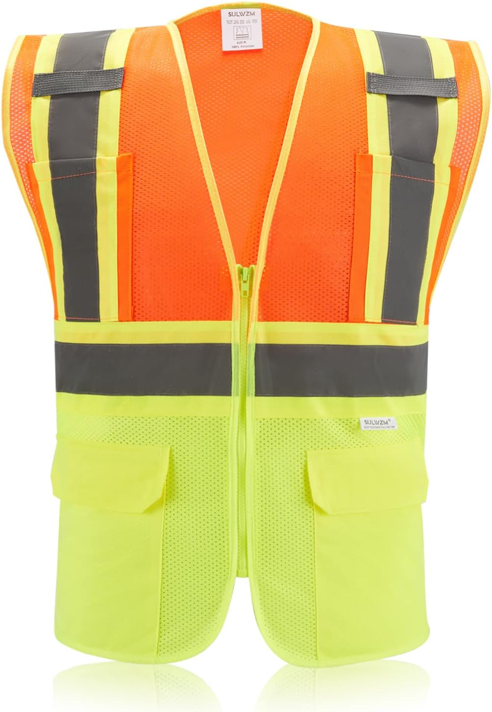 High Visibility Reflective Safety Vest with Zipper and Pockets Orange,M