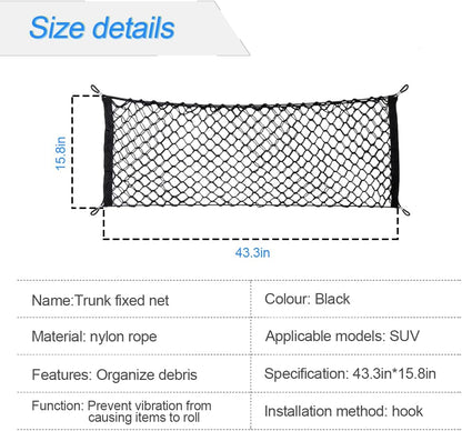 Car Rear Cargo Net, Adjustable Elastic Storage Organizer Net, Trunk Cargo Storage Net, Universal Fit for Car, Vehicle, SUV (43.3"x 15.8")
