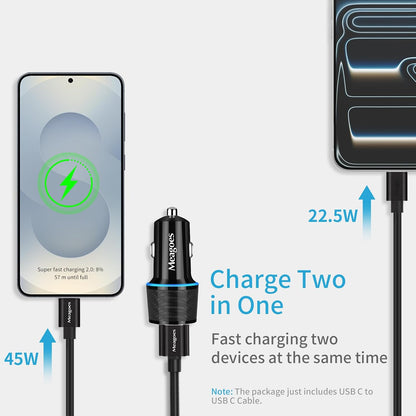 67.5W Car Charger USB C Super Fast Charging, 45W USBC & QC3.0 Port Plug for iPhone 17 Pro Max/Air/16/15/iPad, Samsung S26/S25 Android Cell Phone, Dual 12V Cigarette Lighter Adapter+ 3.3ft Type C Cable