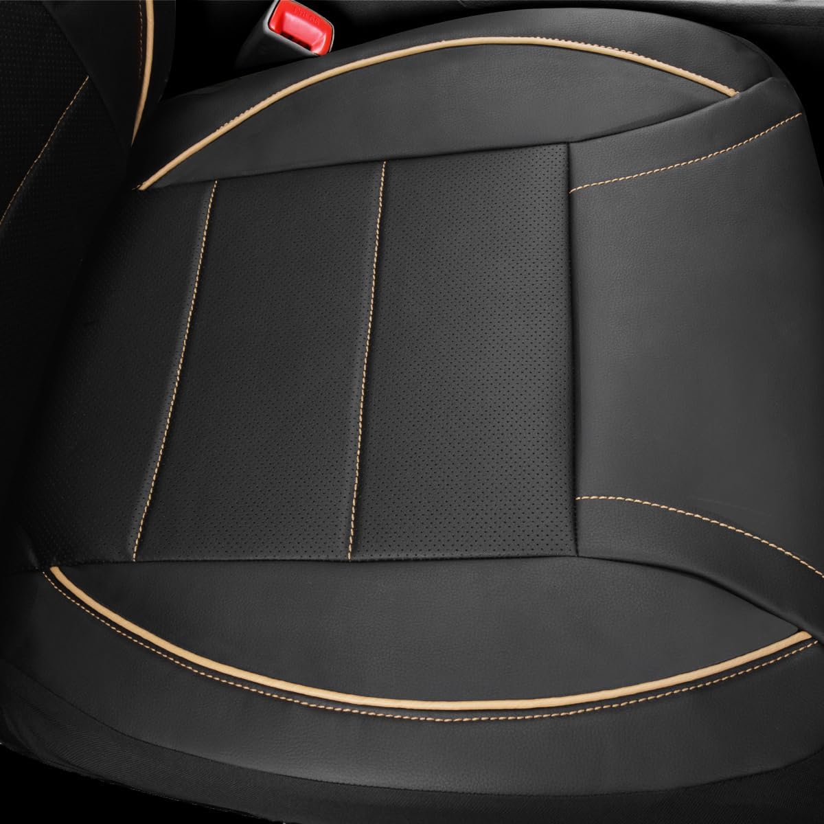CAR PASS Universal FIT Piping Leather Two Front Seat Covers, Waterproof Faux Leather for SUV Sedan Van Truck, Airbag Compatible,Reserved Opening Holes for Headrest Covers. (Black red)