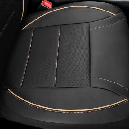 CAR PASS Universal FIT Piping Leather Two Front Seat Covers, Waterproof Faux Leather for SUV Sedan Van Truck, Airbag Compatible,Reserved Opening Holes for Headrest Covers. (Black red)
