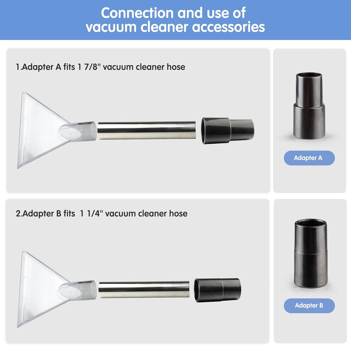 Universal Clear Vacuum Extraction Accessory with 1-1/4“,1-7/8” and 2-1/2” Adapter,Compatible with All Shop Vac Extractor,Wet Dry Vacuum Cleaner Attachments for Upholstery,Carpet Cleaning,Car Detailing