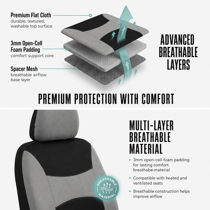FH Group Full Set Cloth Car Seat Covers, Universal Fit Front and Split Bench Rear, Airbag Compatible, Washable for SUV, Sedan, Van - Black