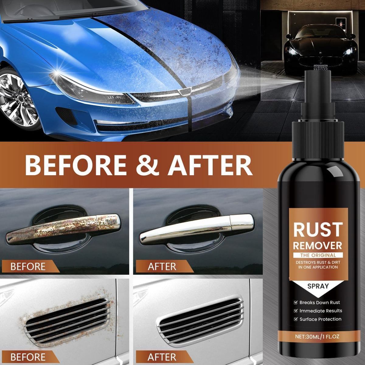 Rust Remover Spray Heavy Duty Metal Cleaner, Upgrade Rust Remover for Metal, Multipurpose Rust Stain Remover Spray, Iron Remover Car Detailing,Heavy Duty Rust Dissolver for Metal (30ML*3Pcs)