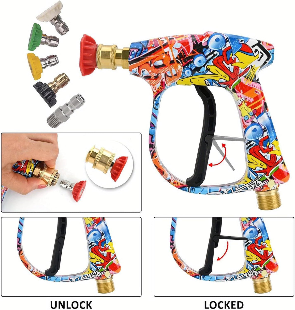 BEAR FORCE Pressure Washer Spray Gun Power Washer Short Gun with M22-ID14mm & Foam Cannon Foam Gun with 5 Nozzles Tips #035 & 3/8'' Quick Connector Swivel, Additional Orifice Nozzle 1.10mm Car Washing