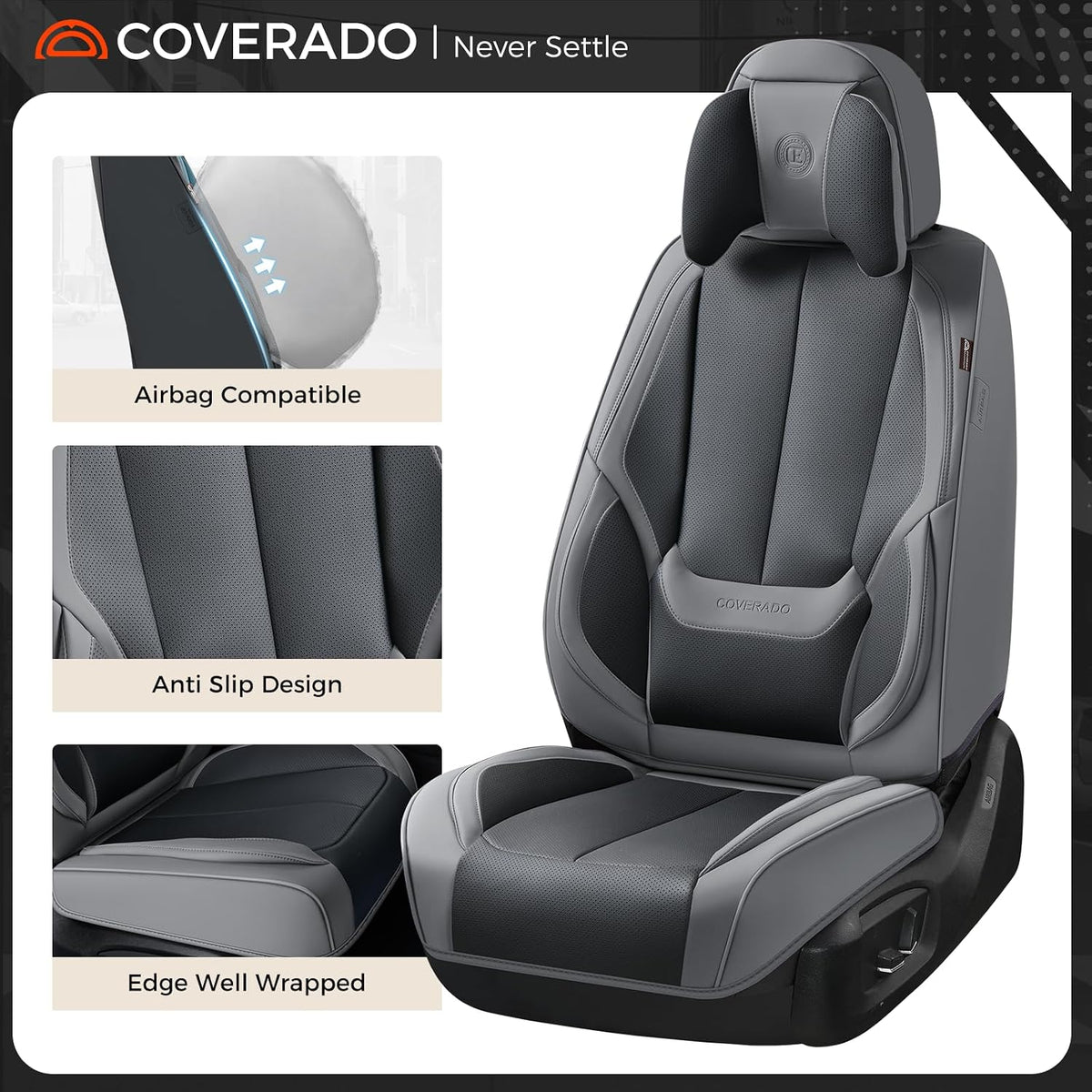 Coverado Seat Covers Full Set, Black Seat Covers for Cars 5 Seats, Car Seat Protector, Waterproof Nappa Leather Car Seat Cushion, Front and Rear Car Seat Cover Fit for Most Sedans SUV Pick-up Truck - Colors A