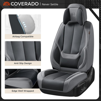 Coverado Seat Covers Full Set, Black Seat Covers for Cars 5 Seats, Car Seat Protector, Waterproof Nappa Leather Car Seat Cushion, Front and Rear Car Seat Cover Fit for Most Sedans SUV Pick-up Truck - Colors A