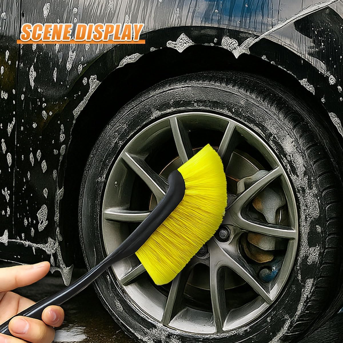 Car Wheel Cleaning Brush, 12'' Hard Bristle Auto Tire Gap Scrub Brush with Long Handle, Multifunctional Vehicle Interior Crevice Detailing Tool for Home and Hard to Reach Areas(1PC)