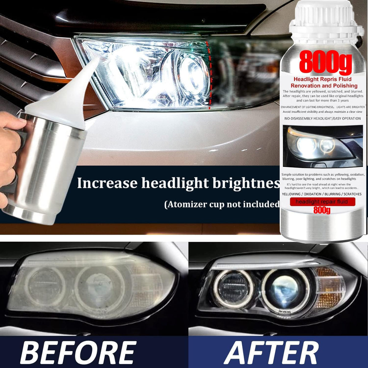Car Headlight Restoration Kit, Auto Headlight Lens Polish Repair Kit Atomizing Cup Headlight Vapor Renovation Tool with 200ml Liquid for Repair of Scratch,Yellowed, Haze, Oxidized, Cracked Headlights