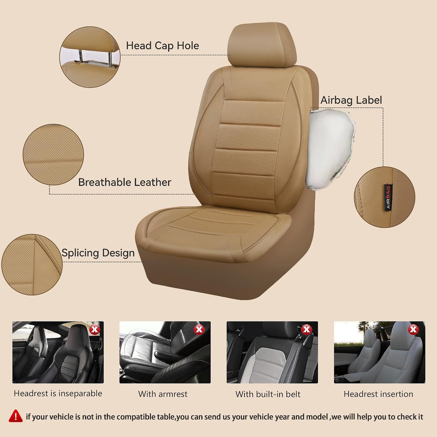 CAR PASS Universal FIT Piping Leather Two Front Seat Covers, Waterproof Faux Leather for SUV Sedan Van Truck, Airbag Compatible,Reserved Opening Holes for Headrest Covers. (Black red)