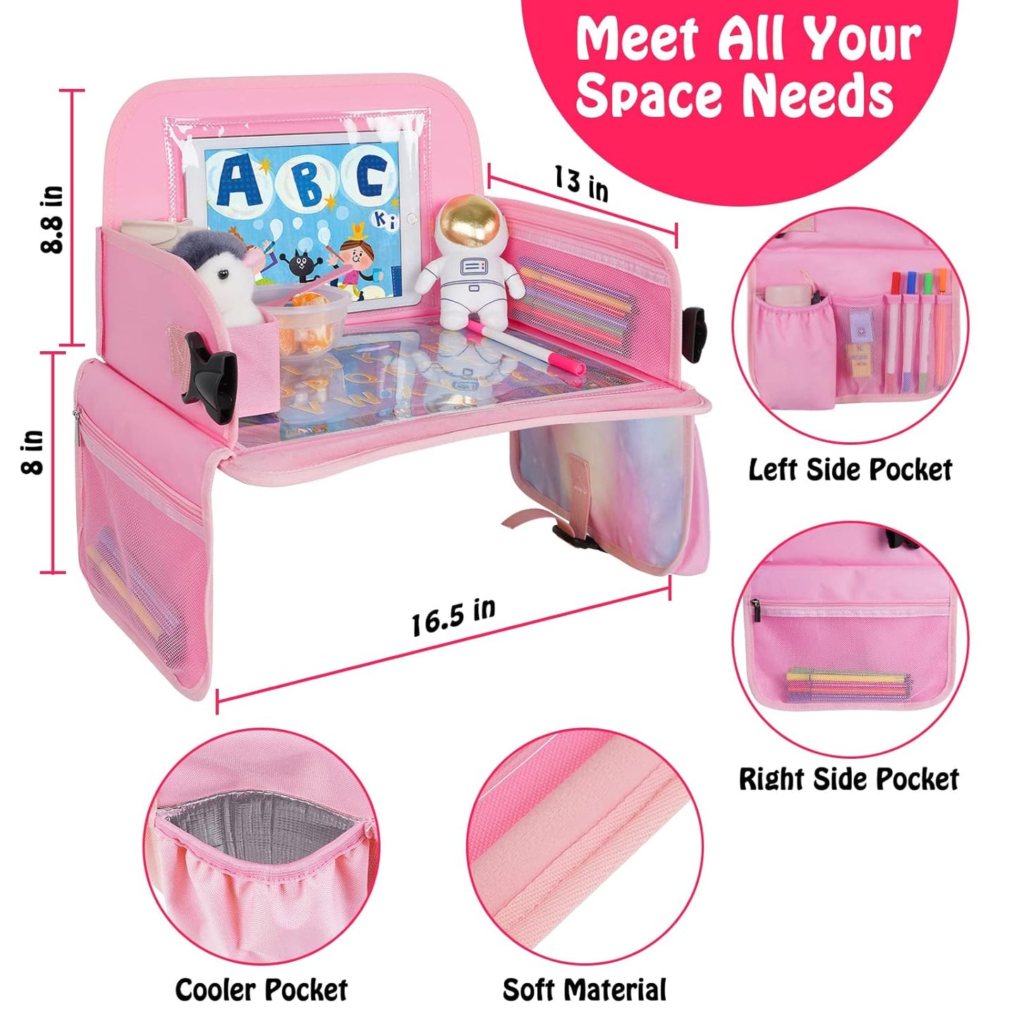 MENZOKE Kids Travel Tray for Toddler Car Seat, Road Trip Activities for Kids with iPad Holder Stand & Dry Erase Board, Road Trip Essentials Accessories Lap Tray as Travel Gifts for Kid, Pink