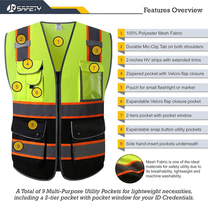 JKSafety 9 Pockets Class 2 High Visibility Zipper Front Safety Vest With Reflective Strips,Meets ANSI/ISEA Standard (Large, 150-Yellow) - Colors B