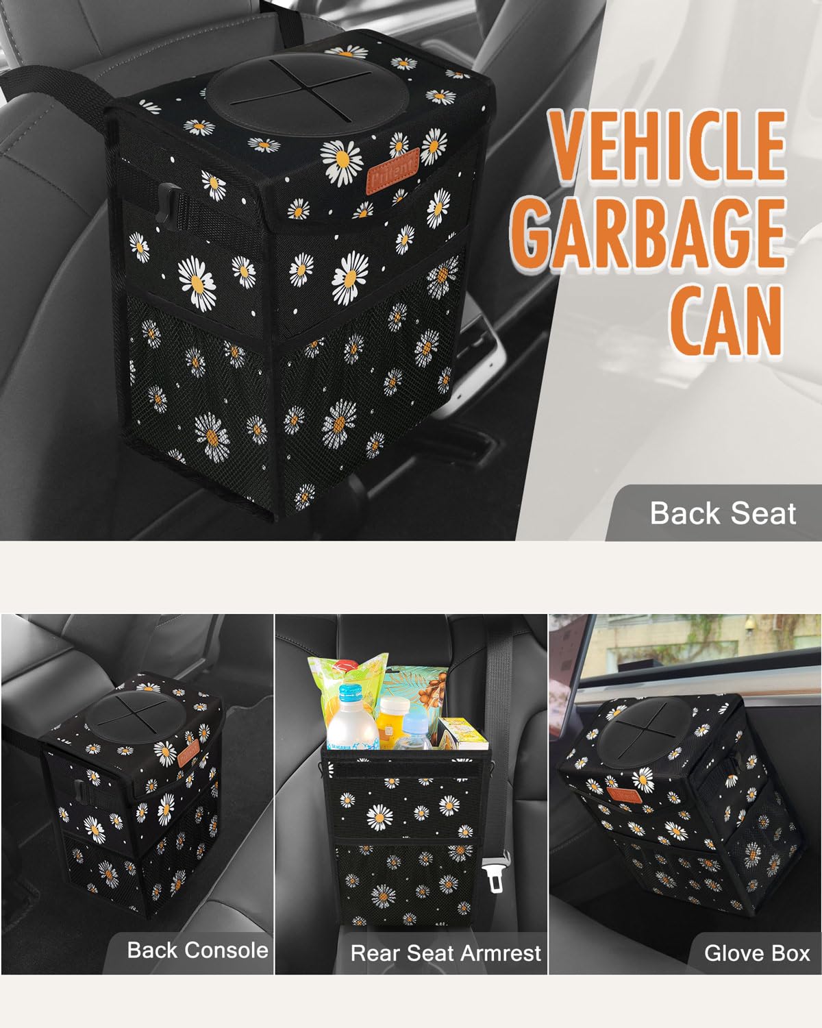 Pritent Car Trash Can with Lid, Cute Leakproof Car Trash Garbage Bag Hanging Vehicle Trash Bin Small Portable Automotive Garbage Cans Organizer for Back/Front Seat/Console(Trapezoid,Black)