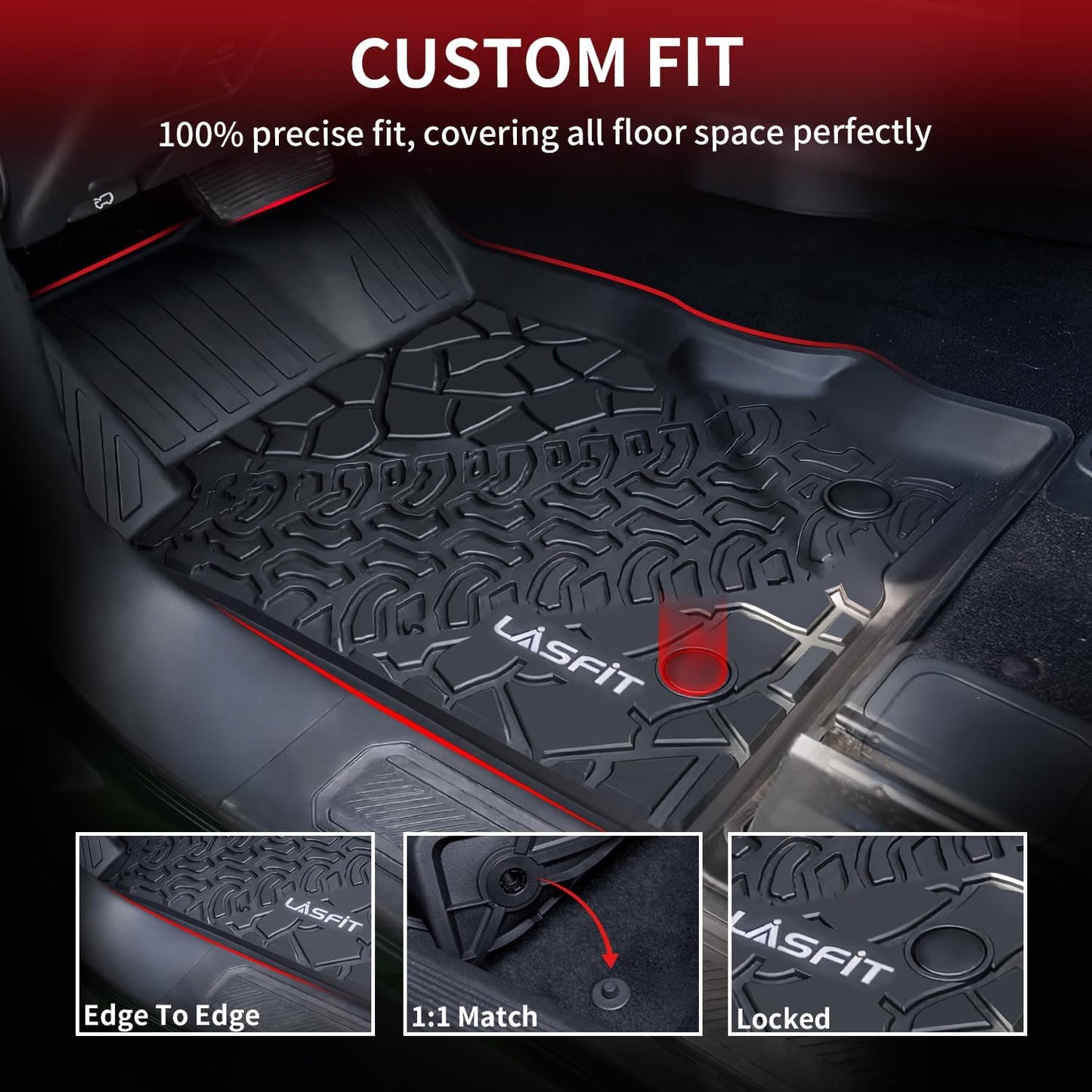 LASFIT Floor Mats for Ford F-150 2021-2026 | F150 Lightning 2022-2025 SuperCrew (Rear w/Fold Flat Storage) Carpet Floor All Weather Car Liners TPE Truck Mats - 1st and 2nd Row, 3pcs Black