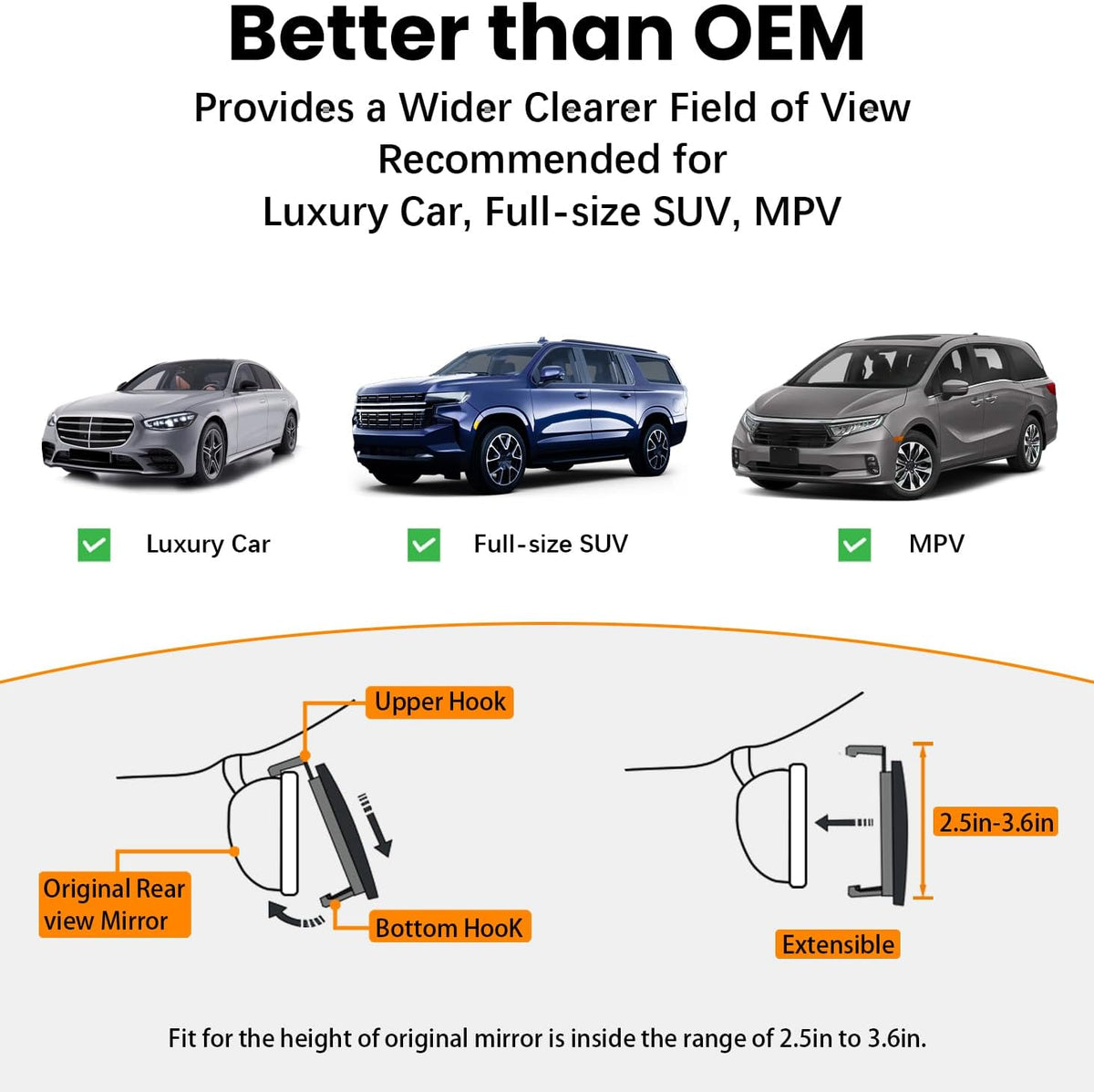 Rear View Mirror, Chrome Anti-glare Panoramic Rear Mirrors Universal 10 Inch Convex Car Interior Clip on Extra Big Wide Angle Rearview Mirror Extender to Reduce Blind Spot for Car SUV
