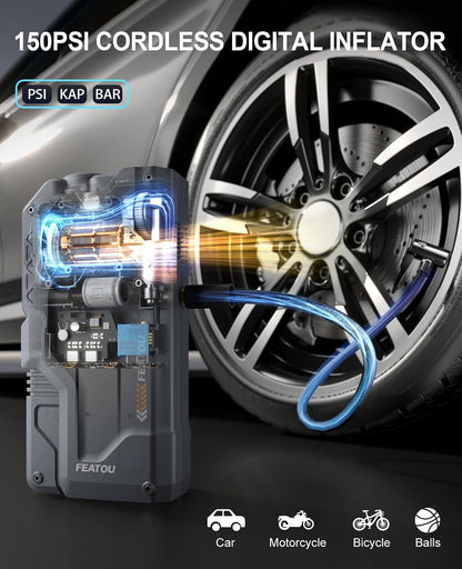 Featou Jump Starter with Air Compressor, 5 in 1 Functional Jump Box 5500A Peak Power Pack with 150PSI Digital Tire Inflator, Portable Car Charger Jumper for 9.0L Gas or 7.5L Diesel
