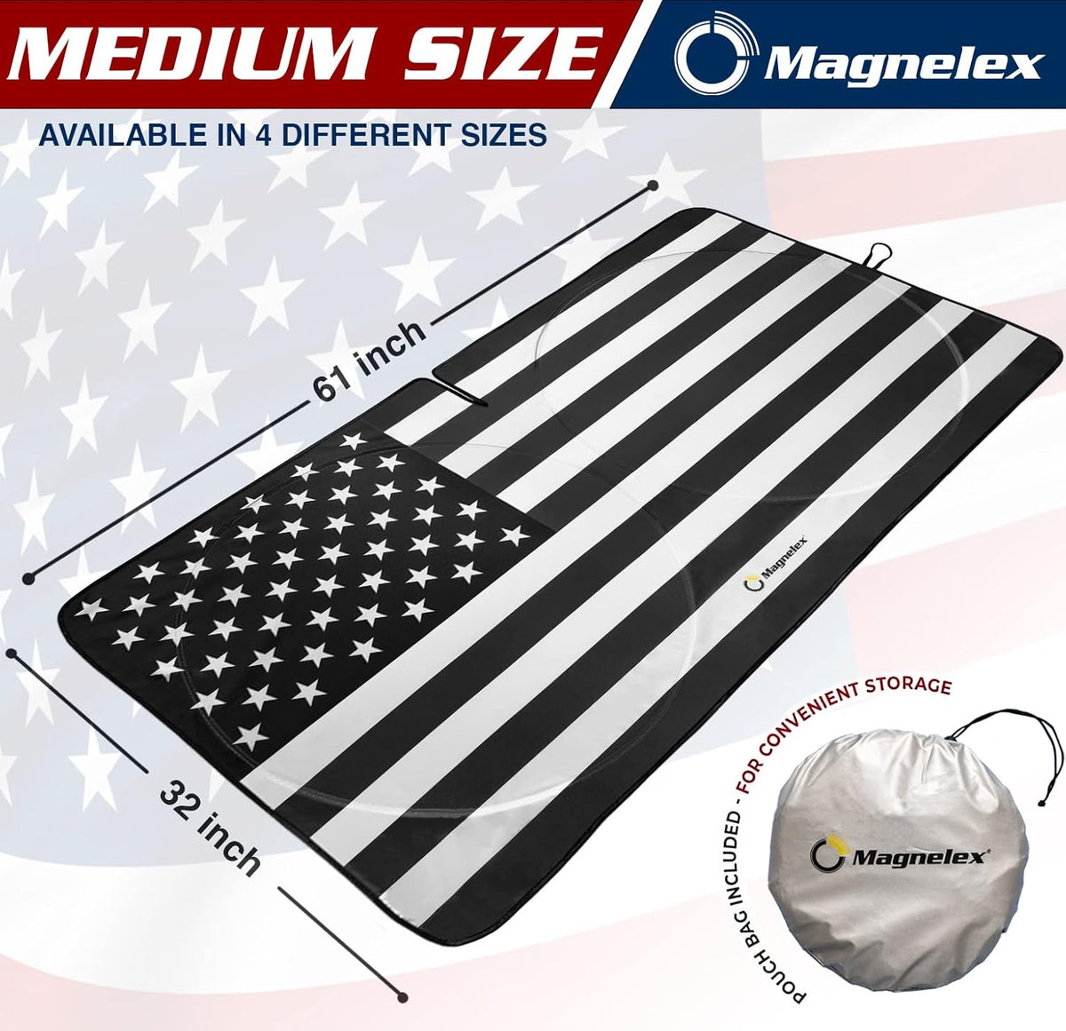 American Flag Windshield Sun Shade, High-Resolution Car Shield with Mirror Cut-Out for Automotive Interior Protection Heat Reduction, Folding Sunshade Storage Bag - Medium, Original