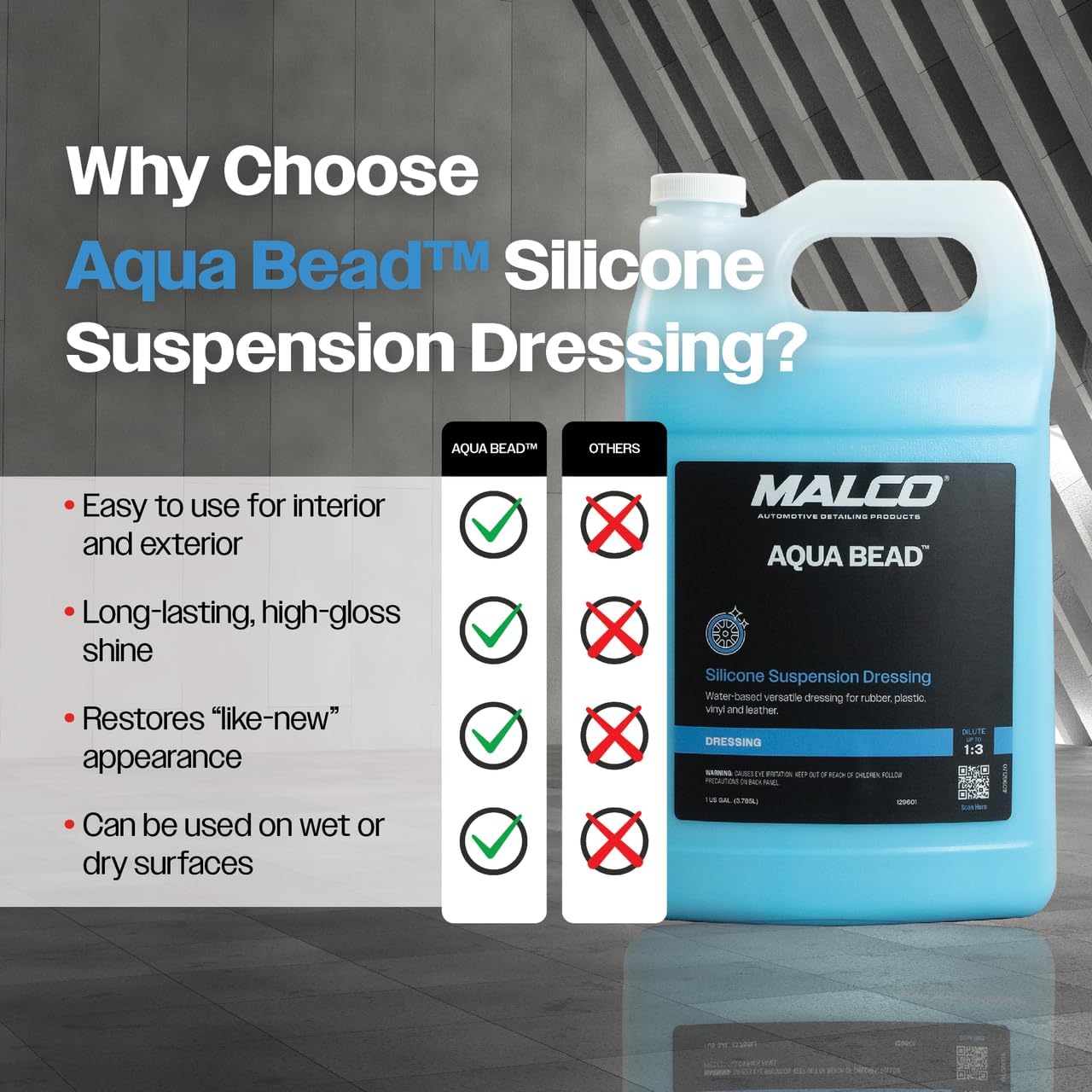 Malco Aqua Bead Water Based Dressing - Non-Greasy Interior and Exterior Dressing/Shines Car Tires, Rubber, Plastic and Trim/Concentrated Formula, Dilutable for Variable Gloss / 1 Gallon (129601)