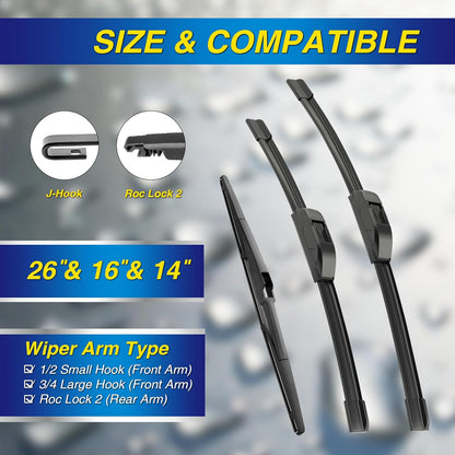 5 PLUS® Silicone Windshield Wipers Replacement for 2019-2024 Toyota RAV4/ 2006-2015 Mazda 5 Wiper Blades(Set of 3), Windshield Wiper Blades For My Car-26"/16"/12" - Colors B