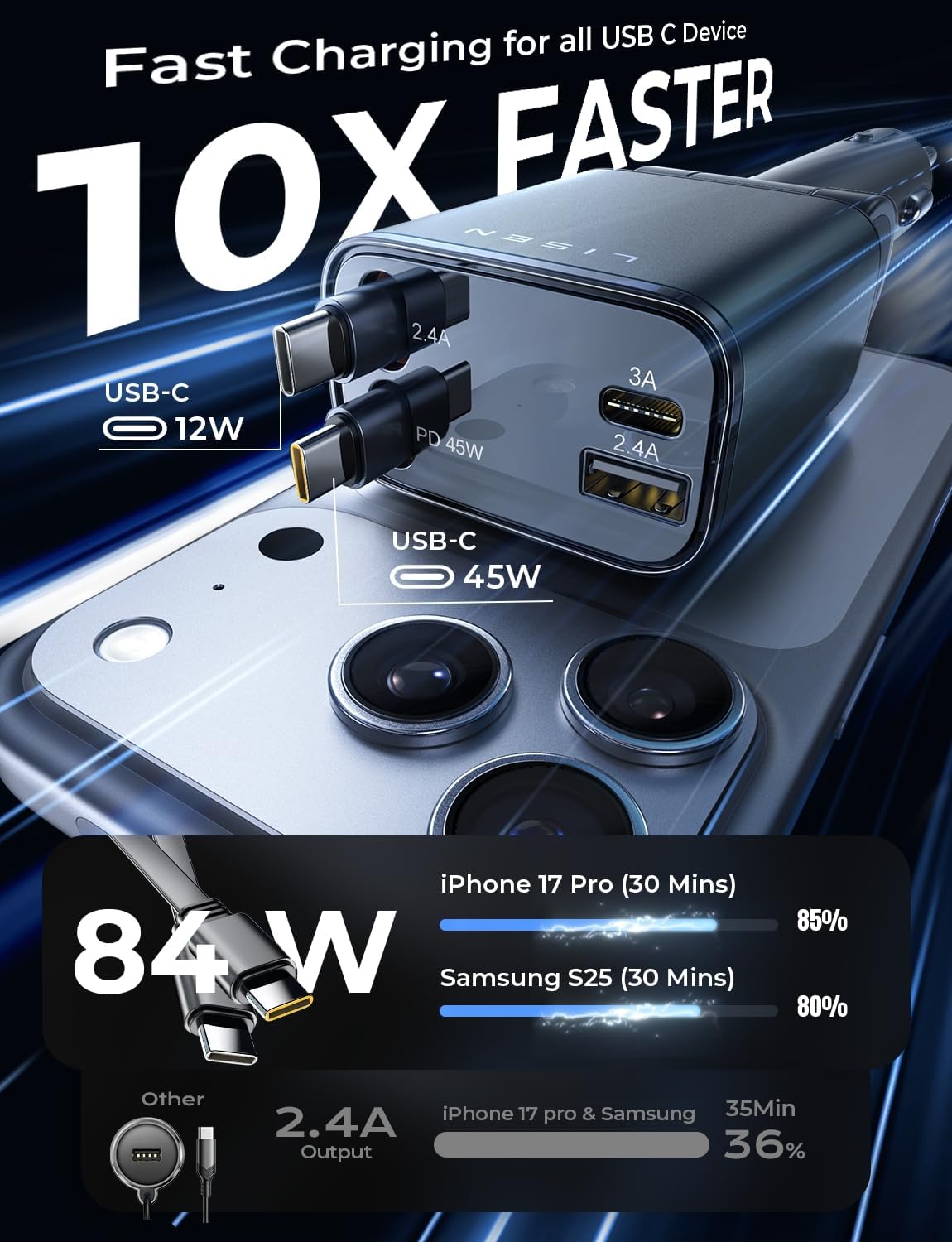 LISEN Retractable Car Charger, 84W Car Charger USB C Fast Charger, Cigarette Lighter USB Charger Adapter, Car Accessories Birthday Gifts for Men Women Dad Mom Husband, for iPhone 17 16 15 14 13 12 11