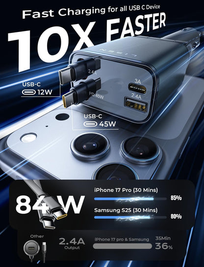 LISEN Retractable Car Charger, 84W Car Charger USB C Fast Charger, Cigarette Lighter USB Charger Adapter, Car Accessories Birthday Gifts for Men Women Dad Mom Husband, for iPhone 17 16 15 14 13 12 11