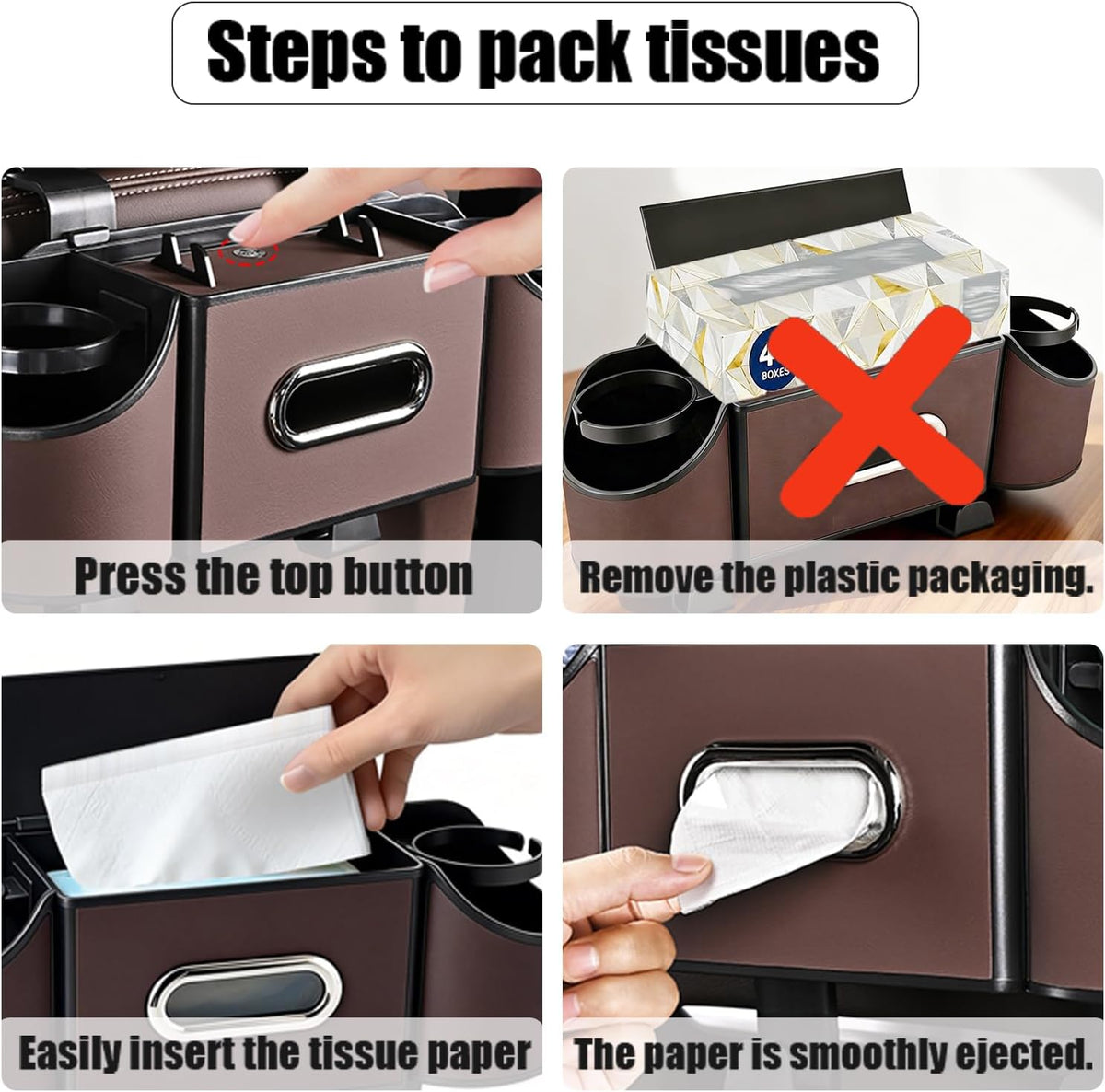 Back Seat Car Organizer,4 in 1 Multifunctional Car Back Seat Storage Box with Drink Cup Holder Tissue Box, for Hold Phone,Snacks, Drinks, Handbag-Black