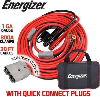 Energizer Jumper Cables, 30 feet, 1 Gauge, 800A, Booster Battery Cables with Permanent Installation kit and Quick Connect Plug for SUV and Trucks with up to 8-Liter Gasoline and 6-Liter Diesel Engines