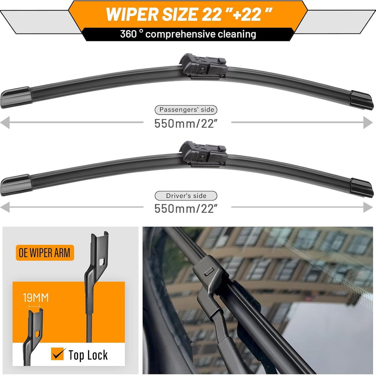 OEM Windshield Wipers Replacement for VW Volkswagen Jetta CC Passat Wiper Blades 2011 2012 2013 2014 2015 2016 2017 2018 2019-2023 -Original Factory Quality 24 and 19 inch (Set of 2) Top Lock 16mm
