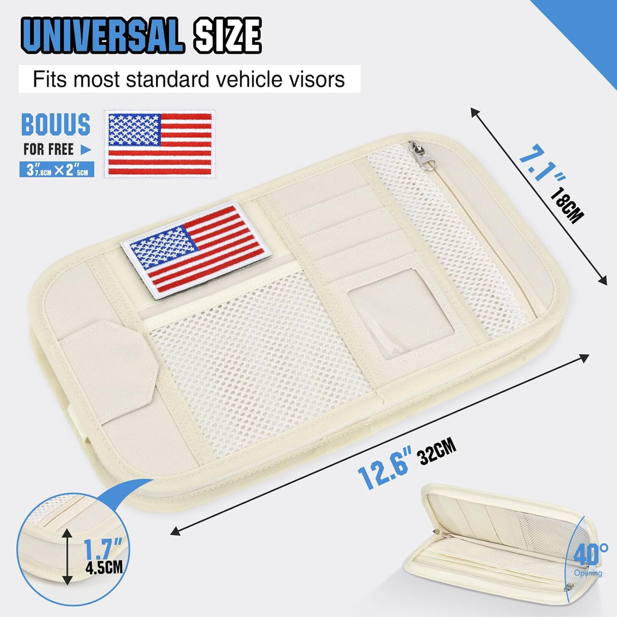 HUANLANG Car Sun Visor Organizer, Tactical Car Accessories with Zipper Storage Pouch, Glasses Clip Card Sleeve Pocket, Multi-Pocket Visor Organizer Fits Most Cars, SUVs, Trucks