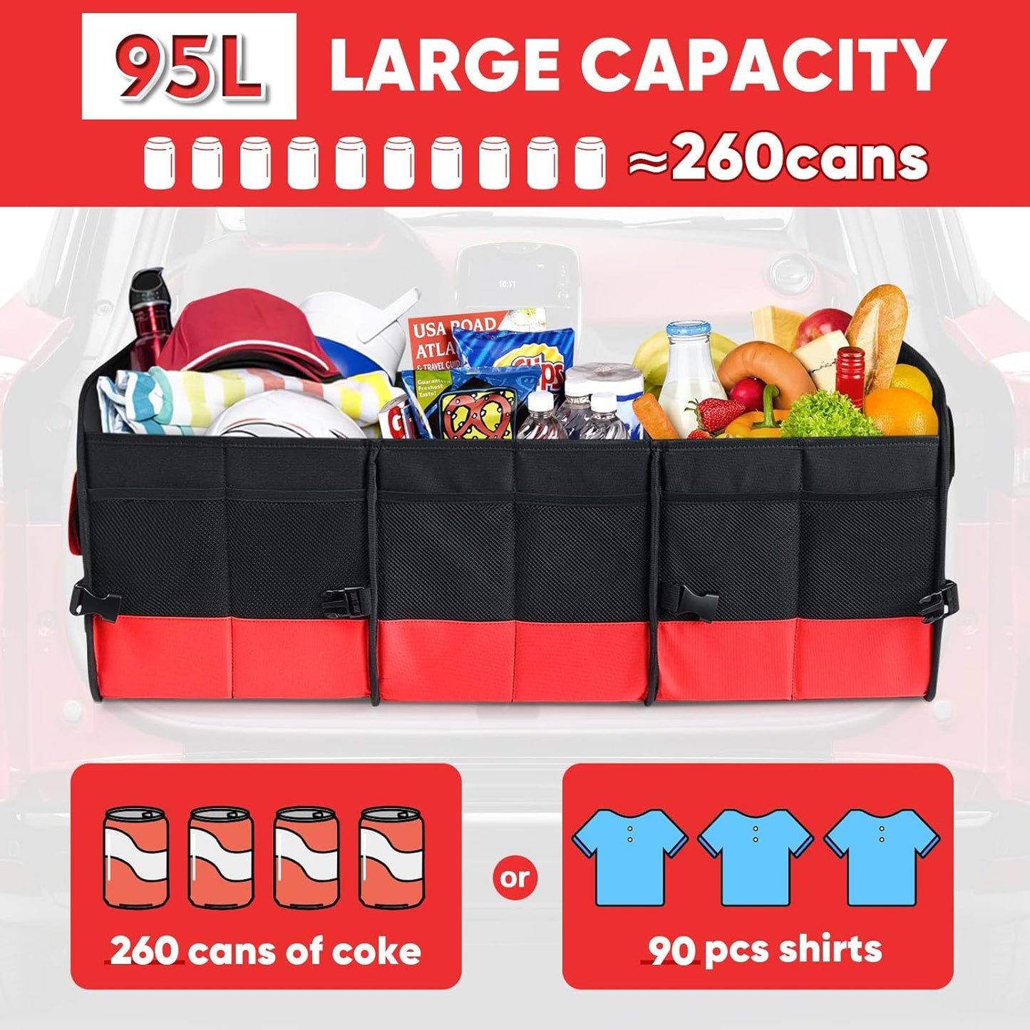 Simniam Large Trunk Organizer for Car, Foldable Multi Compartment Car Trunk Organizer with 2 Retractable Straps, Suitable for All Kinds of Cars, SUV, Minivan - 4 Compartments Red