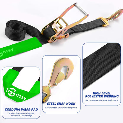 Trekassy Car Tie Down Straps for Trailers with Snap Hooks, Ratchet Straps for Car, Truck, UTV & More, 10000 lb Break Strength, Includes (8) Axle Straps
