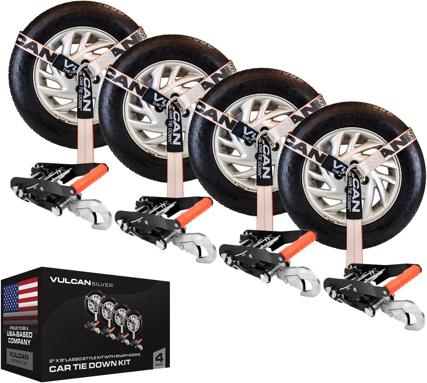 VULCAN Car Tie Down with Flat Hooks - Lasso Style - 2 Inch x 96 Inch - 4 Pack - Silver Series - 3,300 Pound Safe Working Load