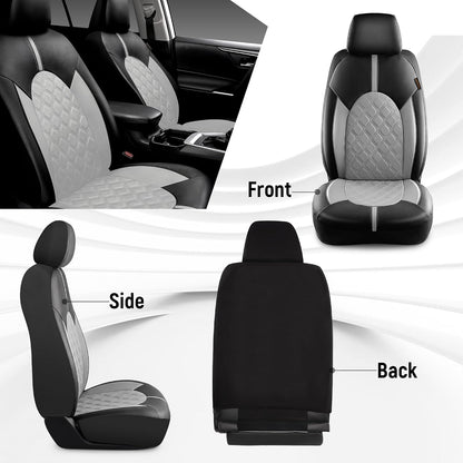 CAROMOP Luxury PU Leather Car Seat Covers Full Set-Waterproof Seat Protectors with Split Bench Seat Covers for Cars-Universal Cars Interior Covers for Sedans, SUVs, Pick-up Trucks(Gray/Gray Line)