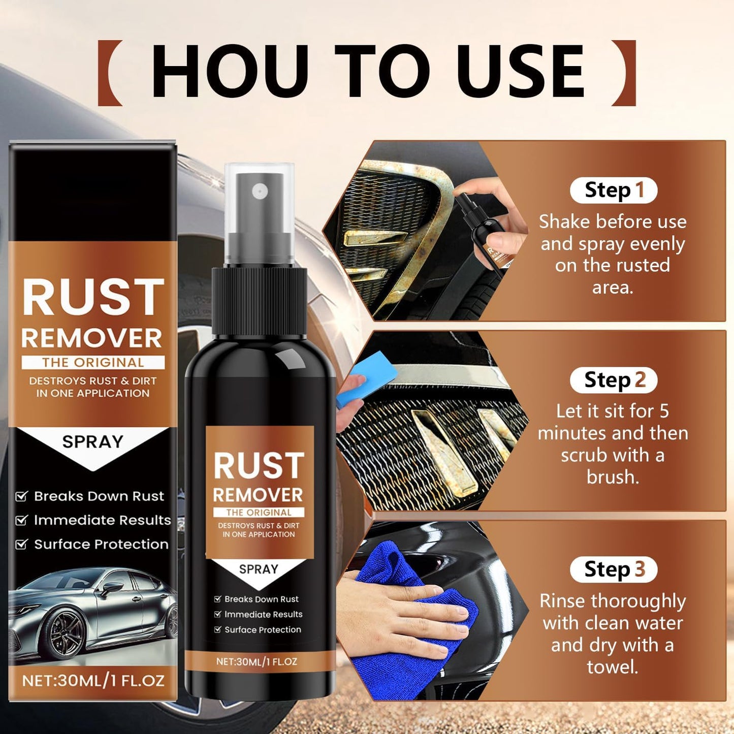 Rust Remover Spray Heavy Duty Metal Cleaner, Upgrade Rust Remover for Metal, Multipurpose Rust Stain Remover Spray, Iron Remover Car Detailing,Heavy Duty Rust Dissolver for Metal (30ML*3Pcs)