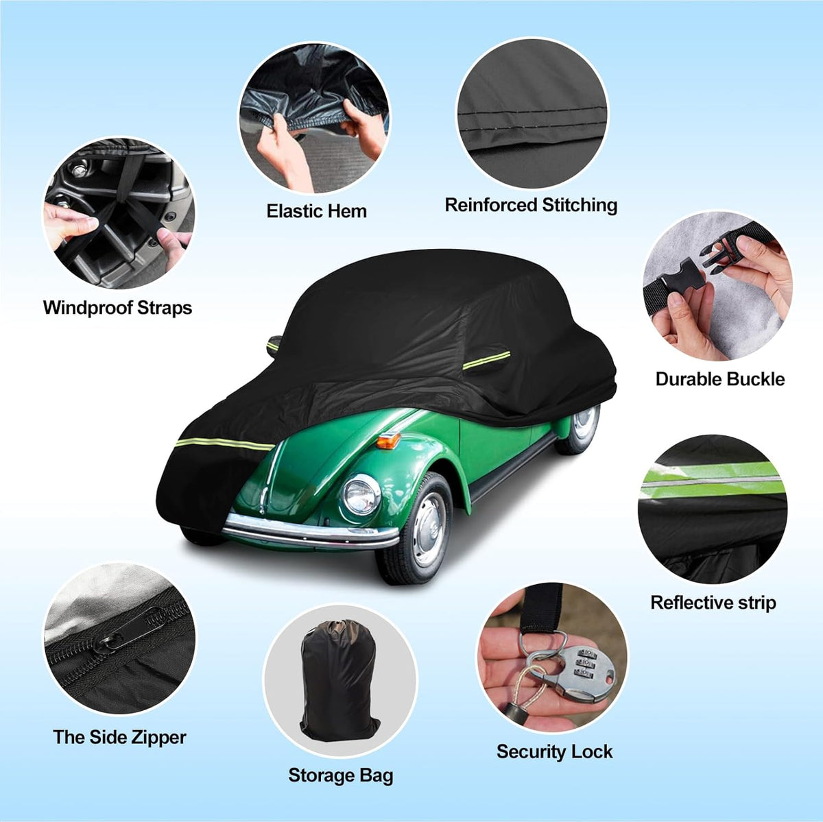Waterproof Car Covers Fit for1960-1980 Volkswagen Beetle Bug Sedan 2-Door Saloon(Black) 210T Custom Heavy Duty Waterproof All Weather Protection Outdoor