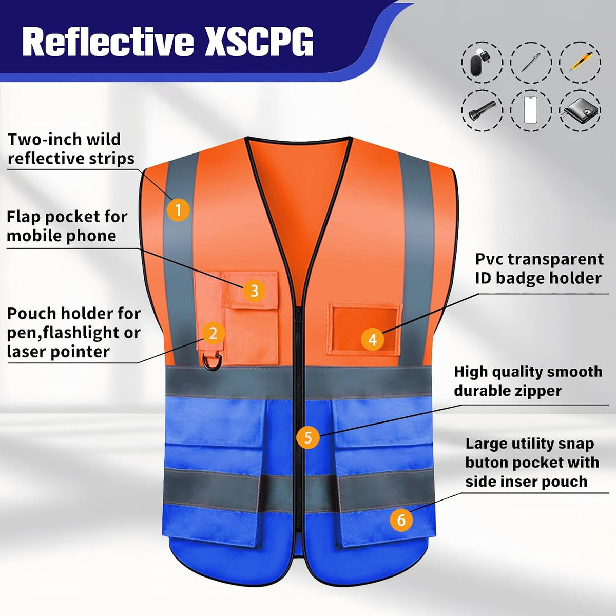 Safety Vests 20 Pack,Hi Vis Construction Vest with 5 Pockets and Zipper,Reflective Vest for Men Women Work One Size