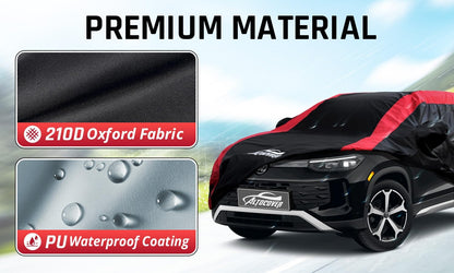 Car Cover Waterproof All Weather Protection with Red Stripe Design, Universal Fit Toyota Camry Solara, Ford Fusion, Kia Stinger Optima, Nissan Maxima, VW Passat, Subaru Legcy