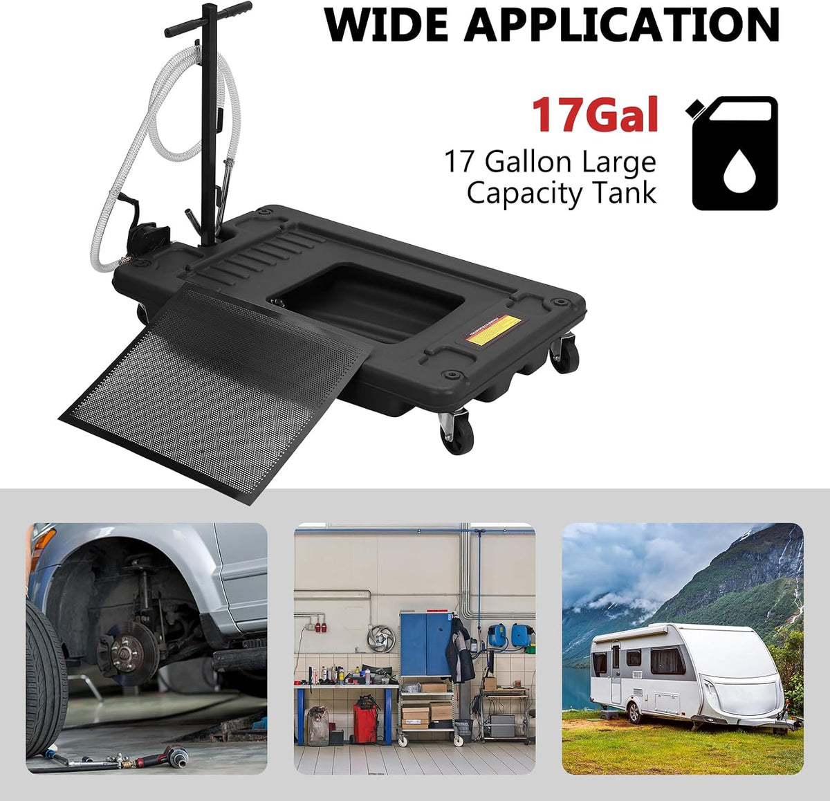 Garvee 20 gal Oil Drain Pan Oil Drain Tank, 76 L Low Profile Oil Drain Pan, Large Capacity Oil Change Pan with Manual Pump & T Foldable Hand and Wheels, 8 ft Hose Oil Drain Cart for Car, SUV, Trucks