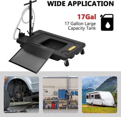 Garvee 20 gal Oil Drain Pan Oil Drain Tank, 76 L Low Profile Oil Drain Pan, Large Capacity Oil Change Pan with Manual Pump & T Foldable Hand and Wheels, 8 ft Hose Oil Drain Cart for Car, SUV, Trucks